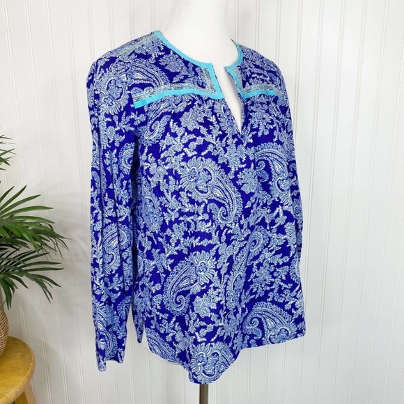 J. Crew Printed Peasant Paisley Top Boho Blouse Tunic E6540 Blue - Picture 2 of 13